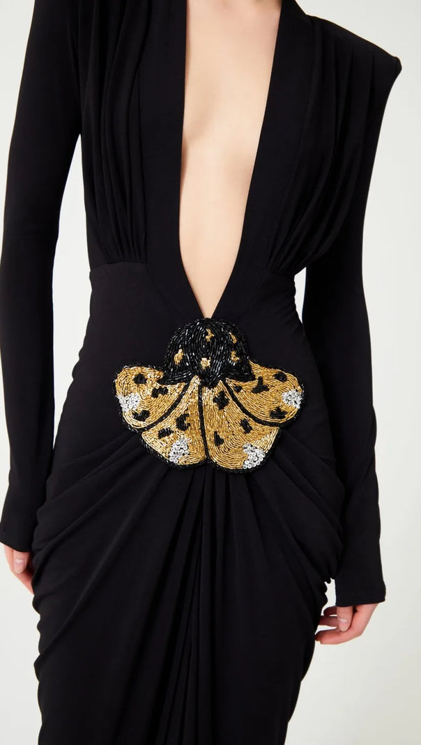 AIIZIE BLACK STRETCHY GOLD FLOWER EMBROIDERED V-NECK LONG SLEEVED MAXI DRESS - product image