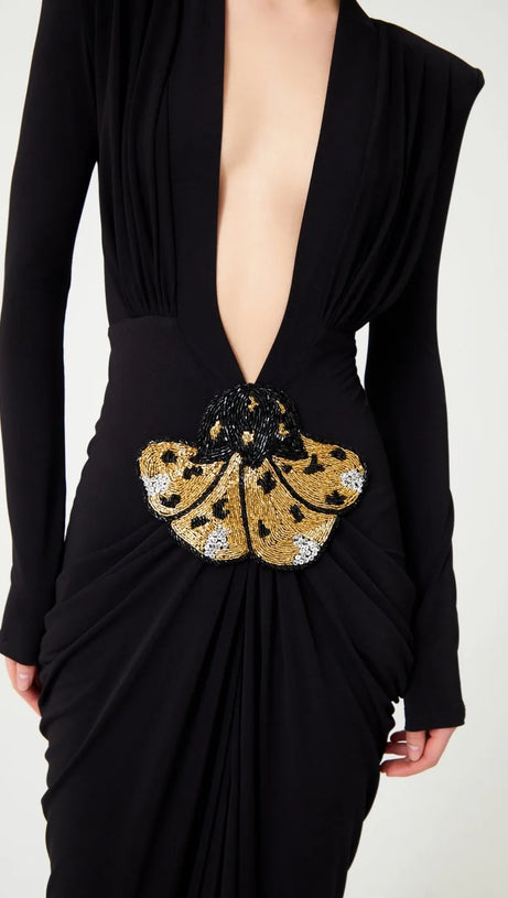 BLACK STRETCHY GOLD FLOWER EMBROIDERED V-NECK LONG SLEEVED MAXI DRESS