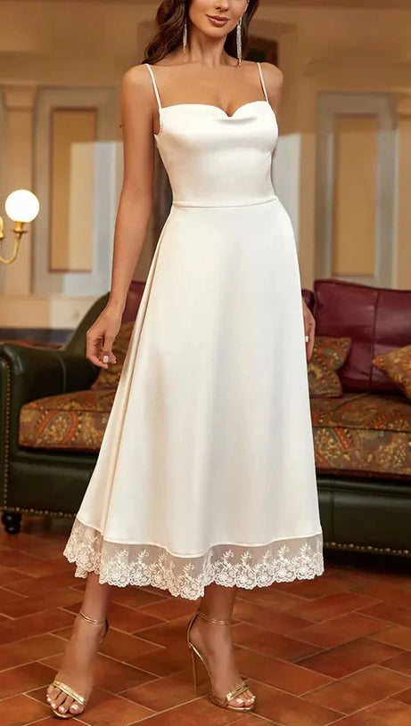 SATIN LACE PANELLED SUSPENDER MIDI DRESS IN WHITE