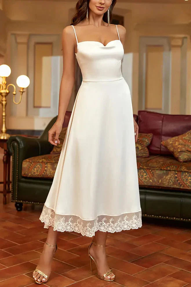 AIIZIE SATIN LACE PANELLED SUSPENDER MIDI DRESS IN WHITE - product image