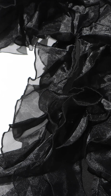 PATCHWORK RUFFLES CHIC BLAZER IN BLACK