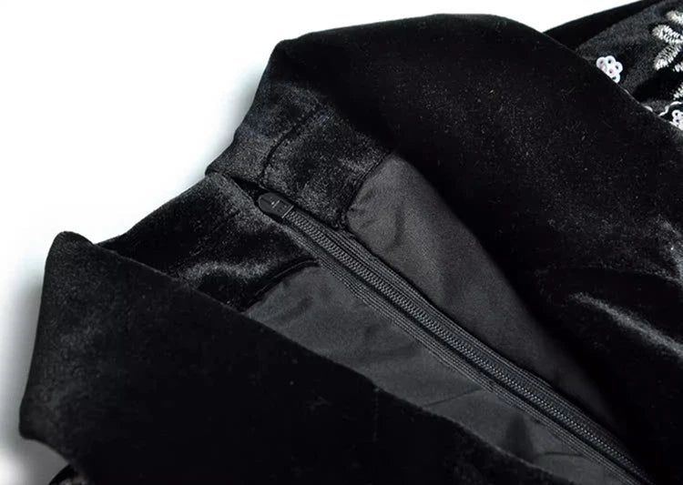 SEQUIN EMBROIDERED VELVET MIDI DRESS IN BLACK