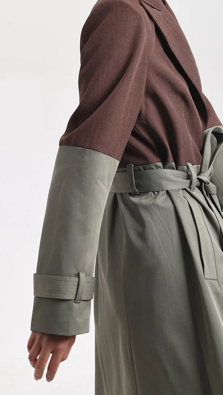 BELTED BLAZER TRENCH COAT IN BROWN GRAY