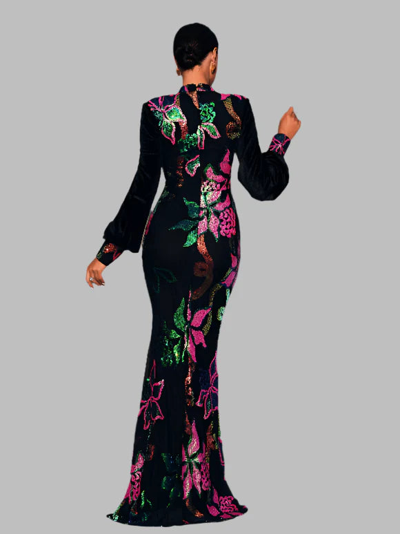 ATALANTA MULTICOLOR SEQUIN VELVET LANTERN SLEEVE MAXI DRESS