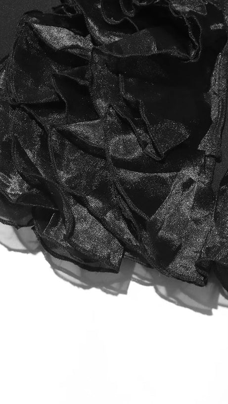 PATCHWORK RUFFLES CHIC BLAZER IN BLACK