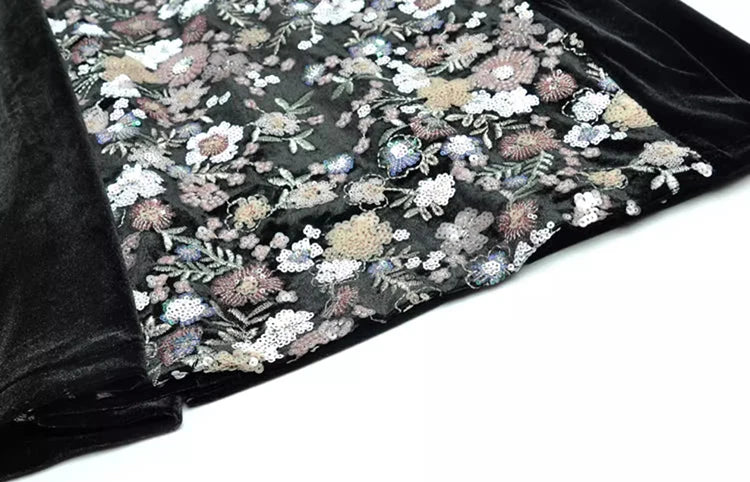 SEQUIN EMBROIDERED VELVET MIDI DRESS IN BLACK