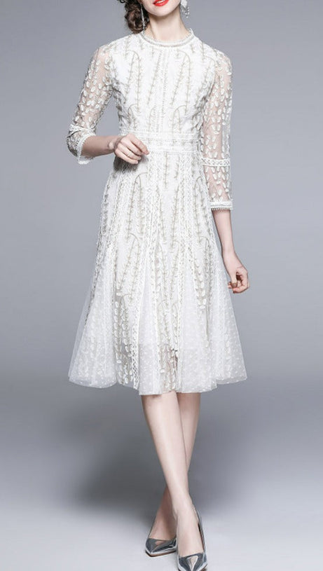 josephine Lace embroidered mesh midi dress in white
