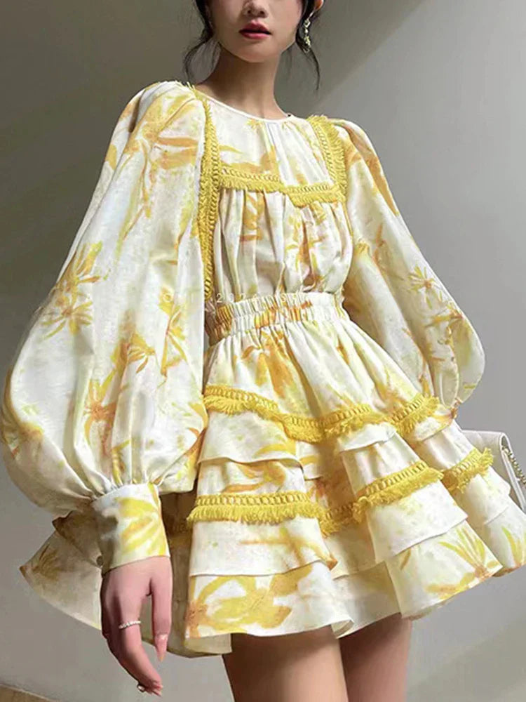 AIIZIE MABEL LAYER TRIM PRINT LANTERN SLEEVE MINI DRESS IN YELLOW - product image