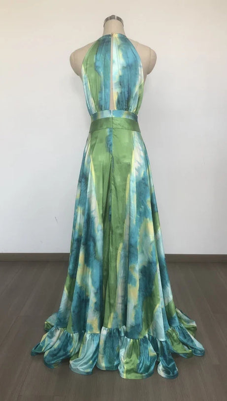 HALTER PRINTED CUTOUT RUFFLE MAXI DRESS