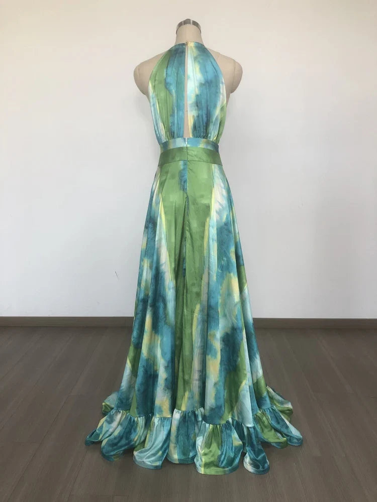 AIIZIE HALTER PRINTED CUTOUT RUFFLE MAXI DRESS - product image