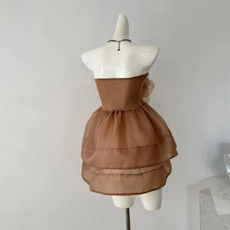 ALISA FLOWER TULLE STRAPLESS MINI DRESS IN BROWN