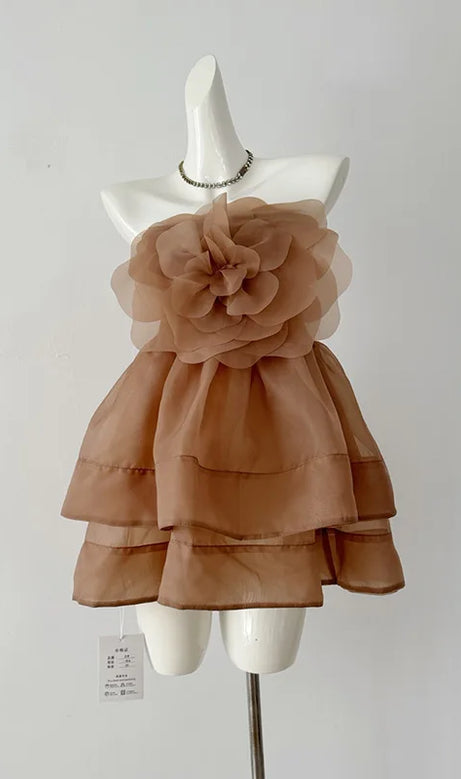 ALISA FLOWER TULLE STRAPLESS MINI DRESS IN BROWN