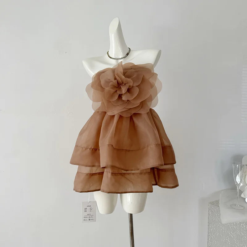 ALISA FLOWER TULLE STRAPLESS MINI DRESS IN BROWN