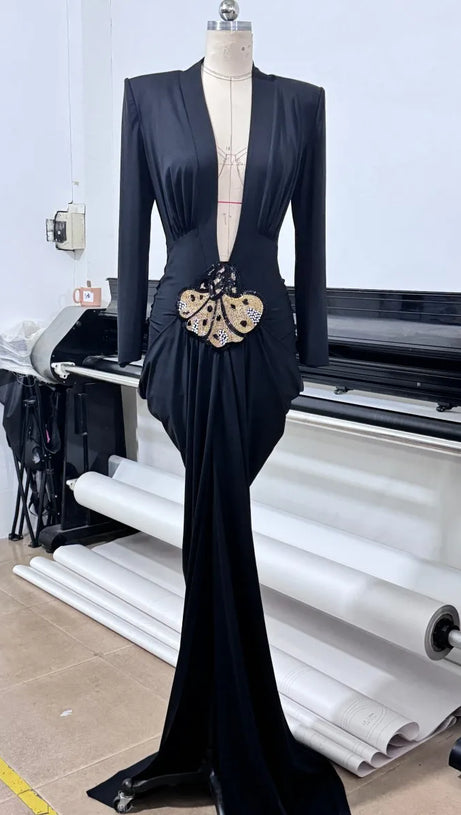 BLACK STRETCHY GOLD FLOWER EMBROIDERED V-NECK LONG SLEEVED MAXI DRESS