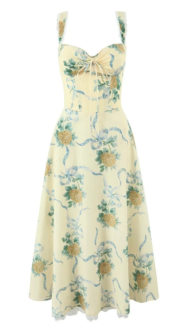 AIIZIE DAPHNE FLORAL PRINT SWEETHEART MIDI DRESS IN YELLOW - product image
