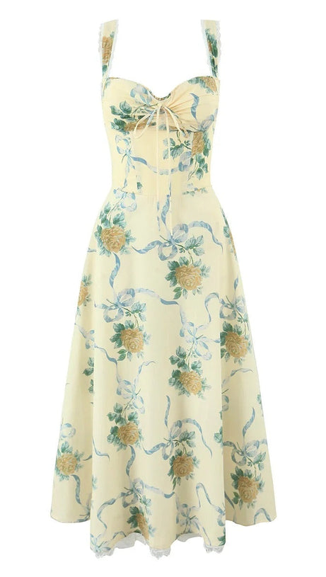 Daphne – Midikleid mit Herzausschnitt und Blumenmuster in Gelb