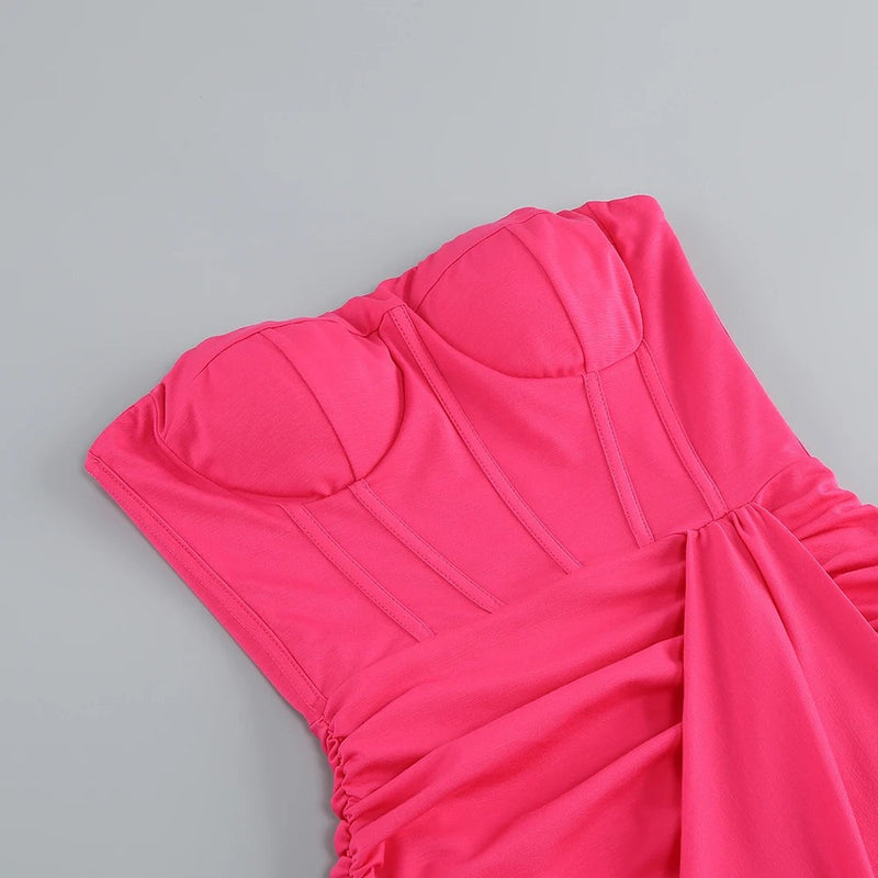 STRAPLESS RUCHED DRESS IN HOT PINK