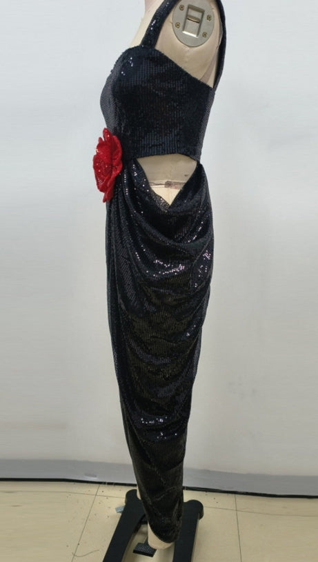 MIDNIGHT BLOOM 3D ROSE MAXI DRESS