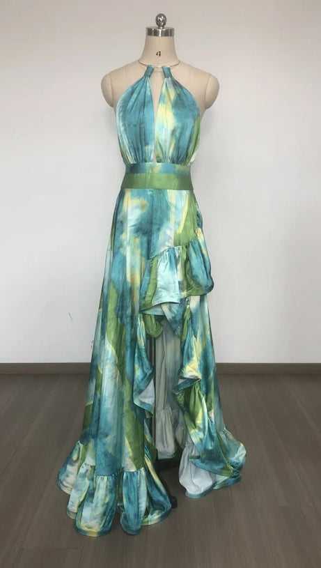 HALTER PRINTED CUTOUT RUFFLE MAXI DRESS