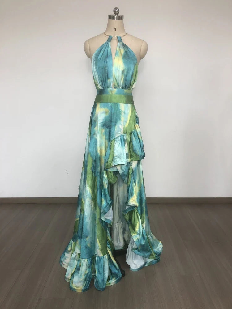 AIIZIE HALTER PRINTED CUTOUT RUFFLE MAXI DRESS - product image