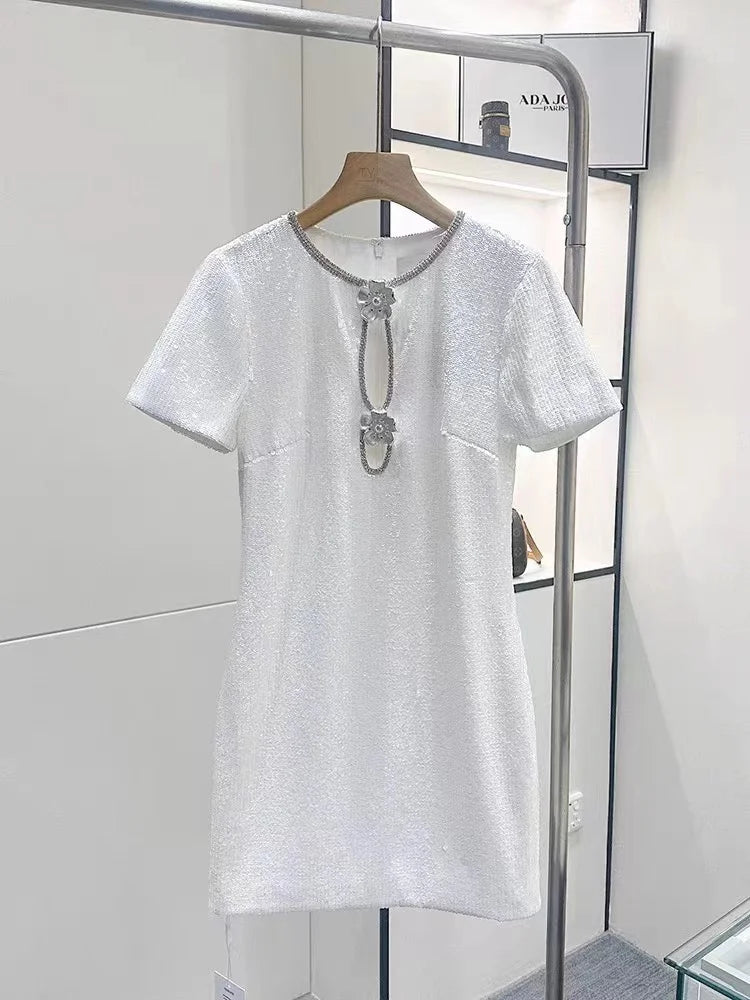 AIIZIE EDEN WHITE EMBELLISHED CUTOUT SEQUINED TULLE MINI DRESS - product image