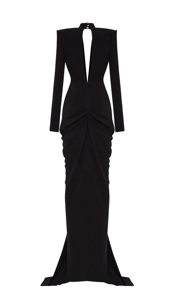 AIIZIE BLACK STRETCHY GOLD FLOWER EMBROIDERED V-NECK LONG SLEEVED MAXI DRESS - product image