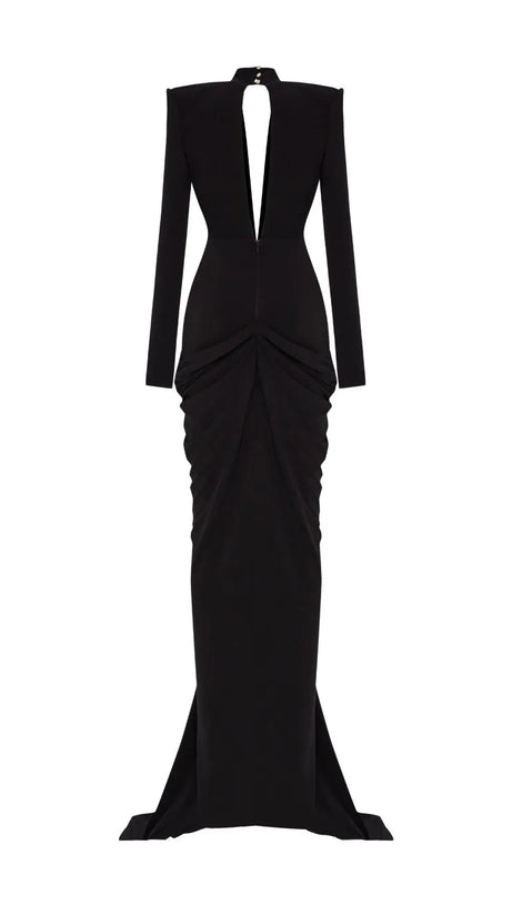 BLACK STRETCHY GOLD FLOWER EMBROIDERED V-NECK LONG SLEEVED MAXI DRESS