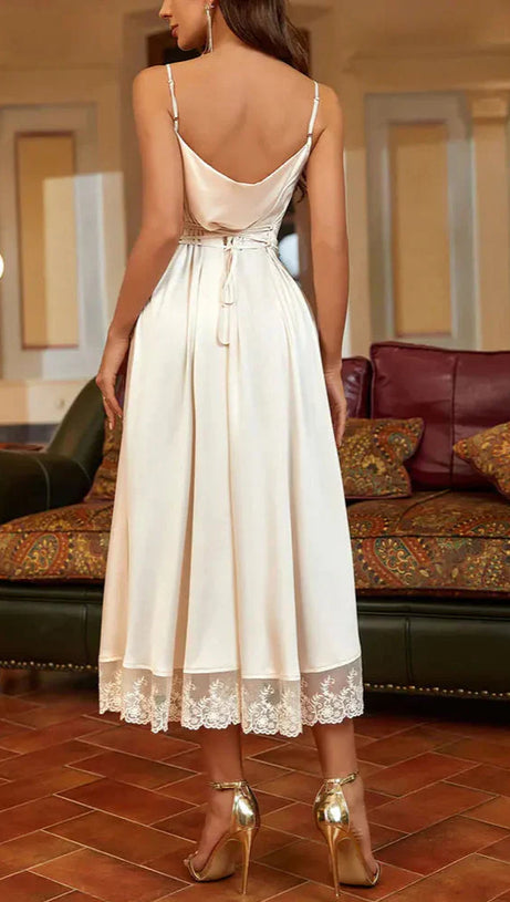 SATIN LACE PANELLED SUSPENDER MIDI DRESS IN WHITE