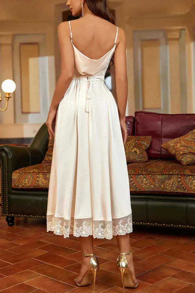 AIIZIE SATIN LACE PANELLED SUSPENDER MIDI DRESS IN WHITE - product image
