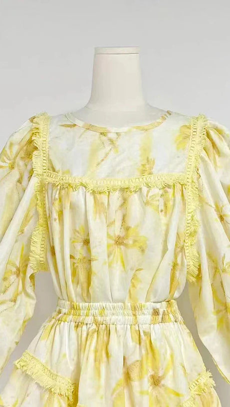 MABEL LAYER TRIM PRINT LANTERN SLEEVE MINI DRESS IN YELLOW