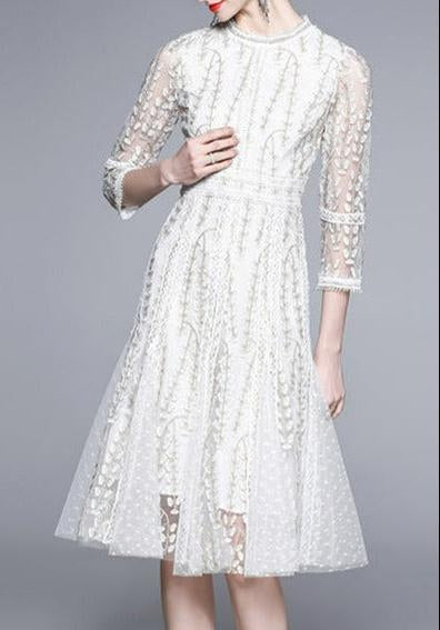 josephine Lace embroidered mesh midi dress in white