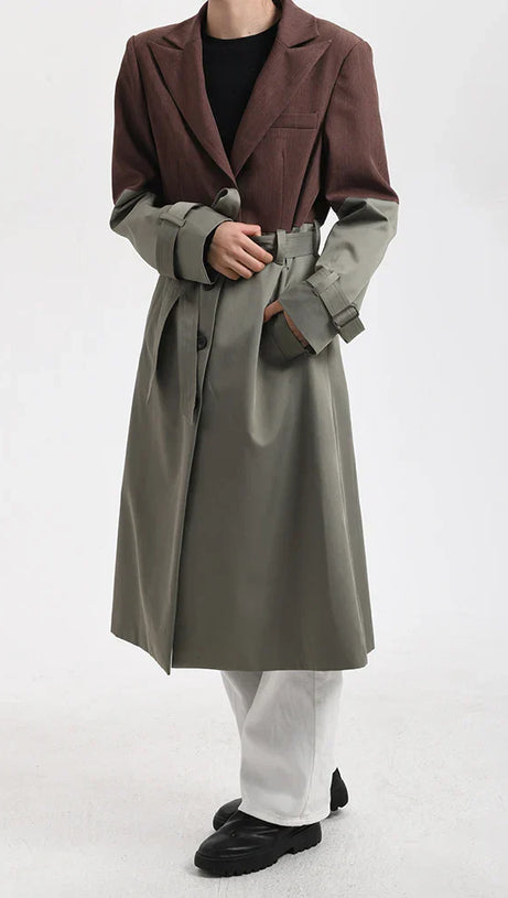 BELTED BLAZER TRENCH COAT IN BROWN GRAY