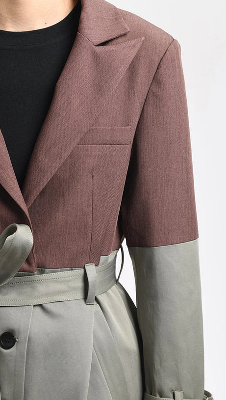 BELTED BLAZER TRENCH COAT IN BROWN GRAY