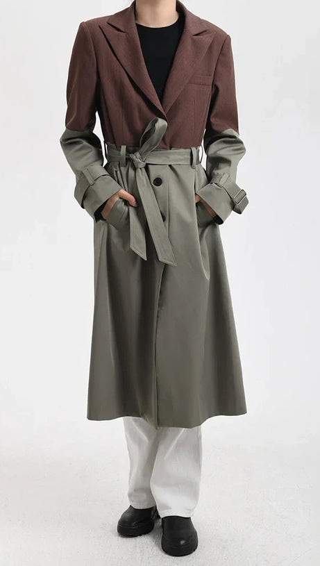 BELTED BLAZER TRENCH COAT IN BROWN GRAY