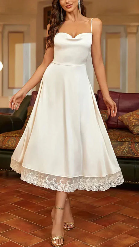 SATIN LACE PANELLED SUSPENDER MIDI DRESS IN WHITE