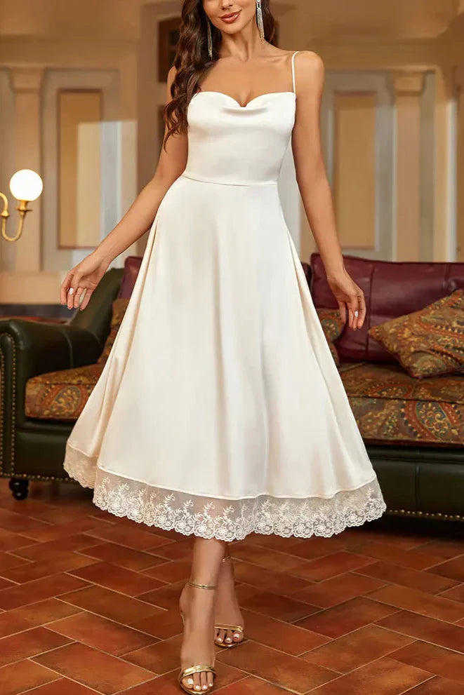 AIIZIE SATIN LACE PANELLED SUSPENDER MIDI DRESS IN WHITE - product image