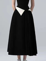 SLIP CONTRAST COLOR MIDI DRESS IN BLACK