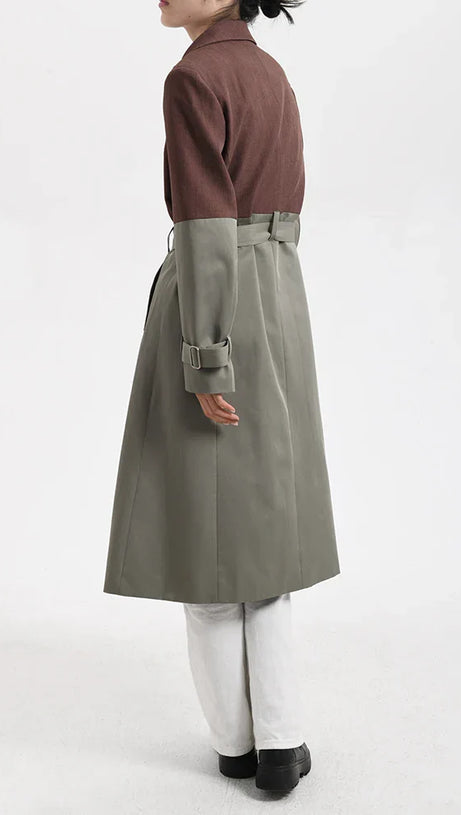 BELTED BLAZER TRENCH COAT IN BROWN GRAY