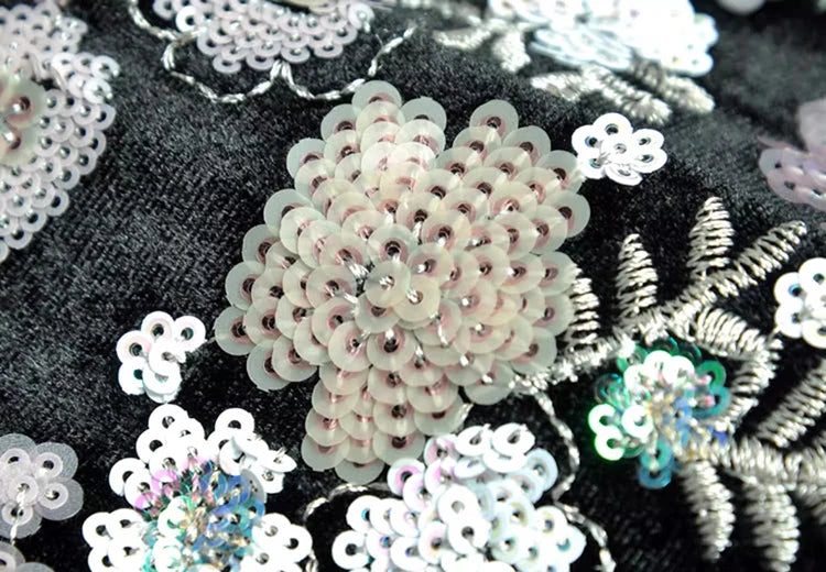 SEQUIN EMBROIDERED VELVET MIDI DRESS IN BLACK