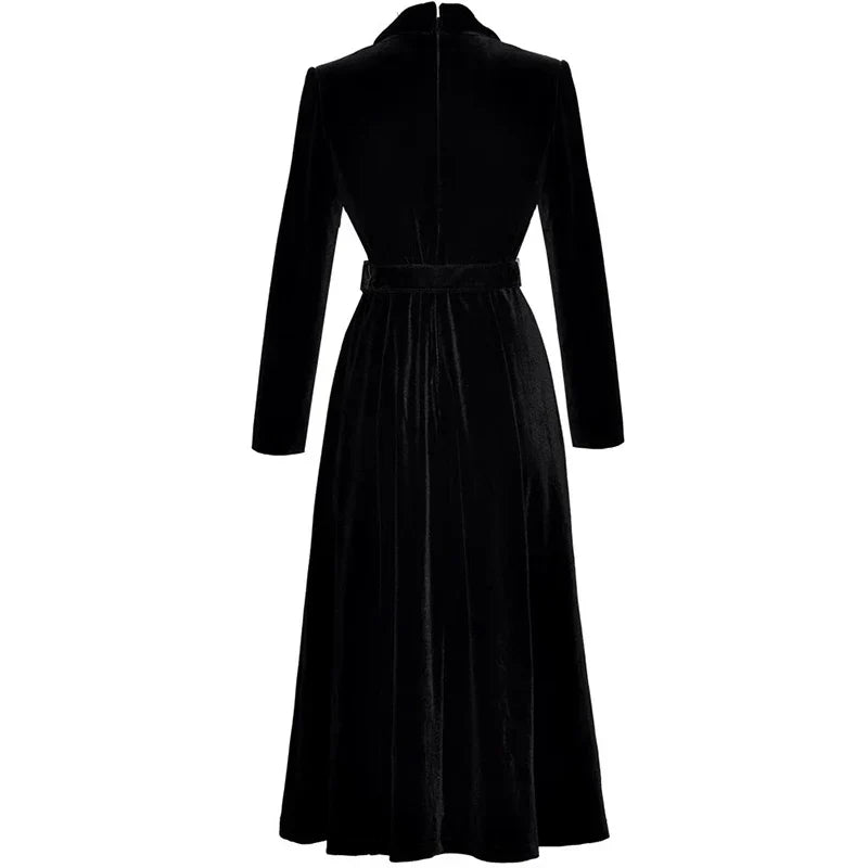 SEQUIN EMBROIDERED VELVET MIDI DRESS IN BLACK