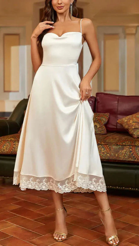 SATIN LACE PANELLED SUSPENDER MIDI DRESS IN WHITE