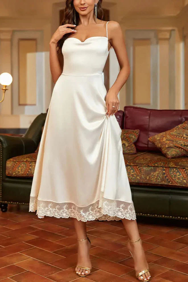 AIIZIE SATIN LACE PANELLED SUSPENDER MIDI DRESS IN WHITE - product image