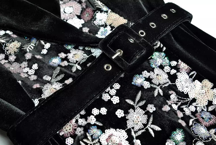 SEQUIN EMBROIDERED VELVET MIDI DRESS IN BLACK