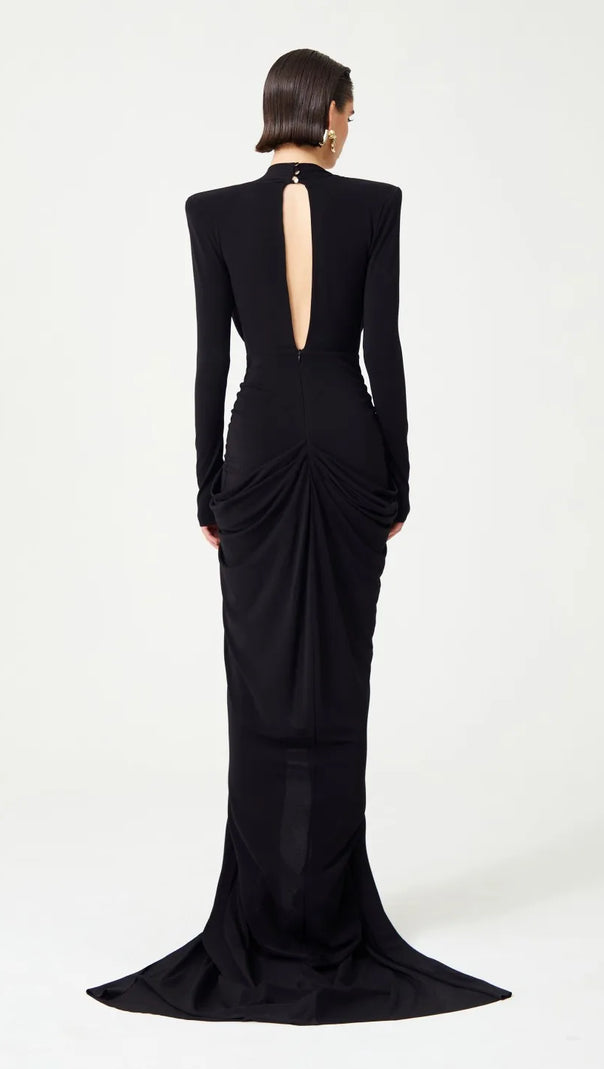 AIIZIE BLACK STRETCHY GOLD FLOWER EMBROIDERED V-NECK LONG SLEEVED MAXI DRESS - product image