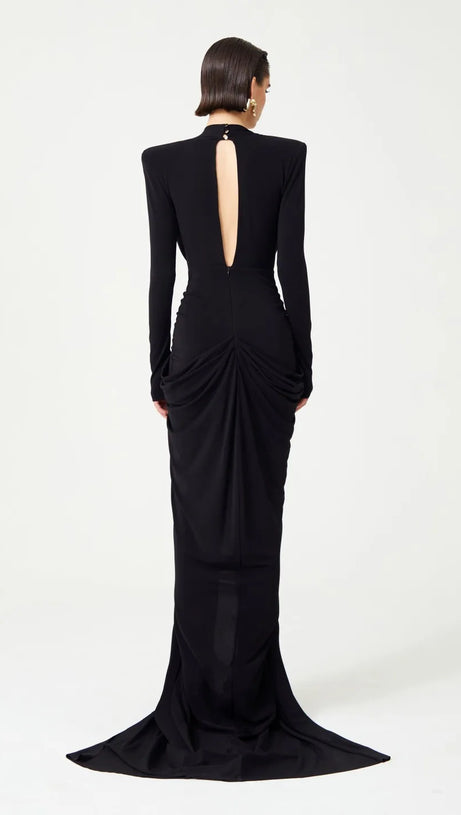 BLACK STRETCHY GOLD FLOWER EMBROIDERED V-NECK LONG SLEEVED MAXI DRESS