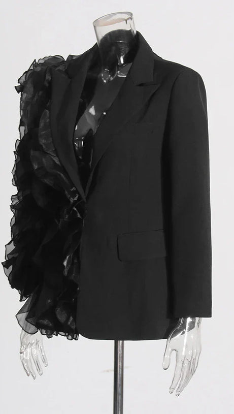 PATCHWORK RUFFLES CHIC BLAZER IN BLACK