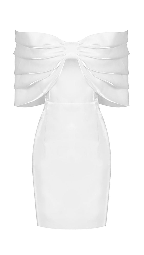 MINI ABITO IN RASO ROSA CON FIOCCO E SPALLE SCOPERTE, BIANCO