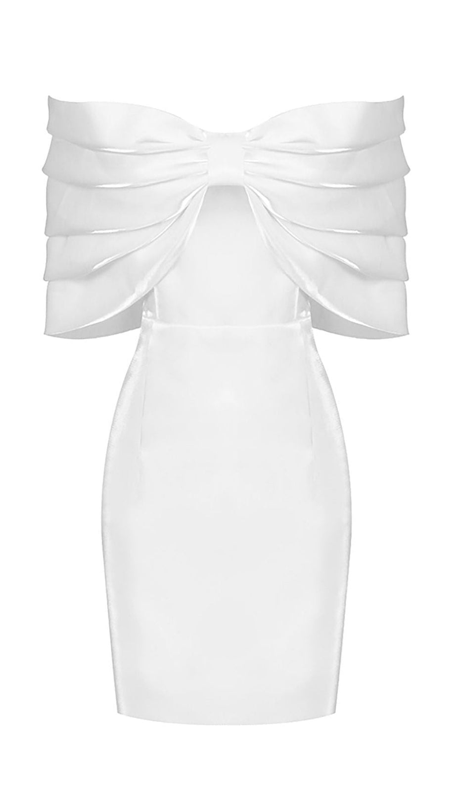SATIN PINK BOW OFF SHOULDER MINI DRESS IN WHITE