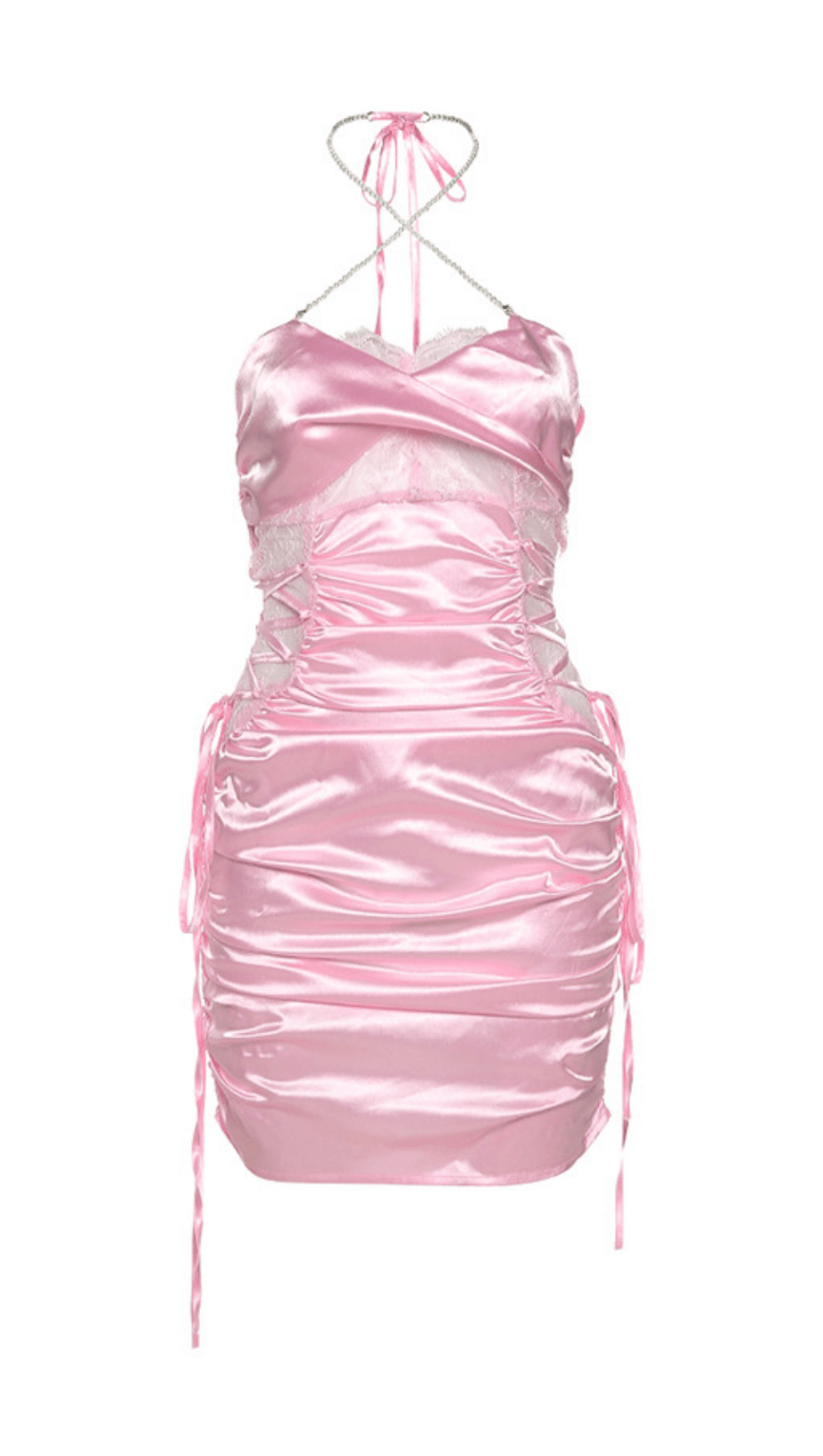 SATIN RUCHED MINI DRESS IN PINK
