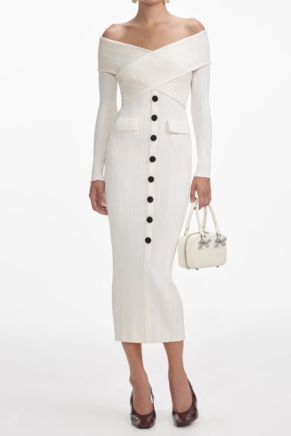 penny Off Shoulder Knit Midi Dress in Cream